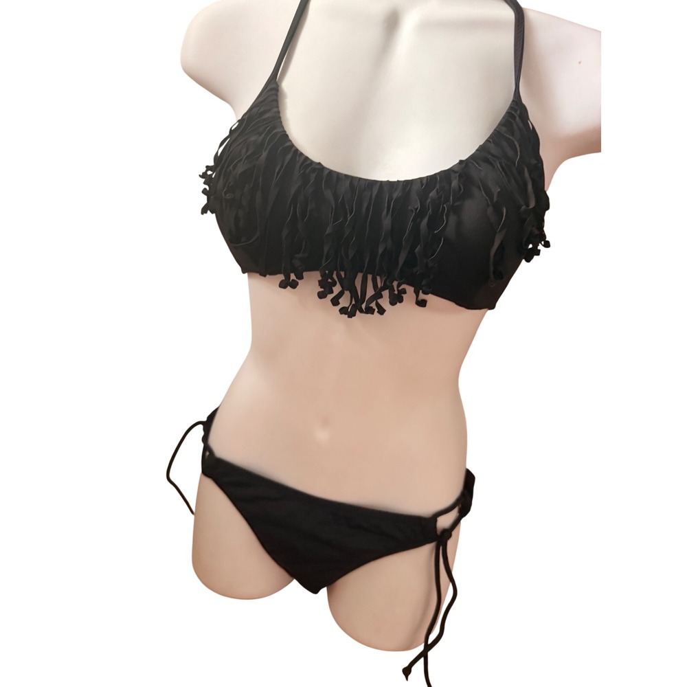 Victorias Secret Black Fringe Halter Bikini Set Swimsuit